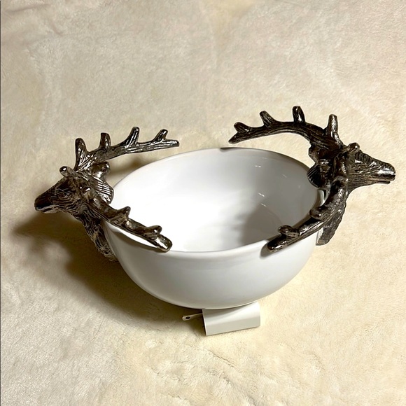 Other - White Ceramic Bowl with Silver Deer Handles. Holiday Decor. 6.25”